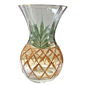Romanian Crystal Pineapple Vase Gold Trim Green Palm Large Orange Crystal Clear